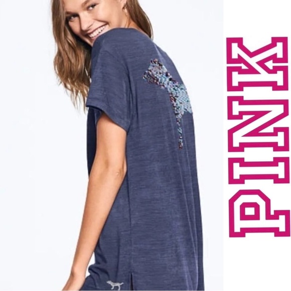 Victoria's Secret PINK | Navy Rainbow Sequin Bling Flip Tee | Size Small - Picture 1 of 14